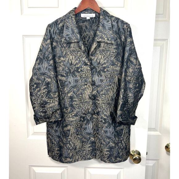 Caroline Rose Vintage Grey Gold Metallic Jacquard Blazer Womens Medium Romantic - Picture 1 of 6